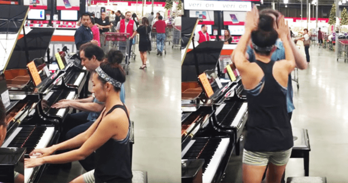 employee-and-customer-sit-at-pianos-in-a-store-improvise-an-impromptu-version-of-hit-song